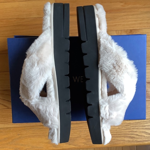 Stuart Weitzman Faux Fur Platform Slide Sandal Cream SZ 9 - Picture 2 of 13
